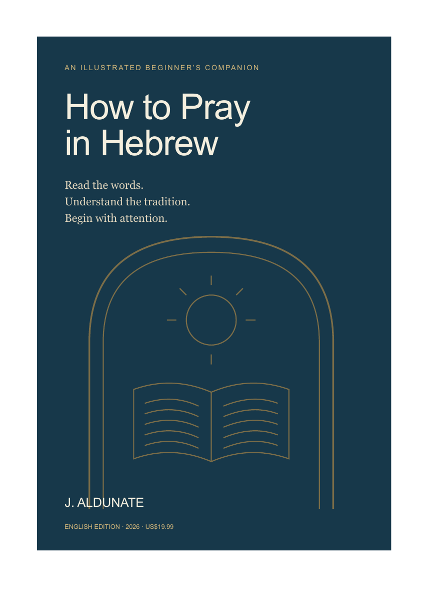 Cover of How to Pray in Hebrew by J. Aldunate, with an original gold line drawing of an open book within an arch